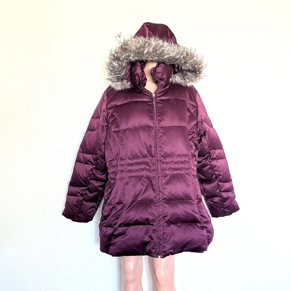 St John’s Bay Plus Size Down Filled Plum Hooded Puffer Coat Faux Fur Trim 3X